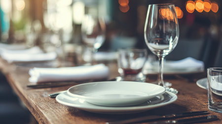 A beautifully arranged dining table showcasing elegant glassware, fine china, and a warm, inviting atmosphere, ideal for gatherings and culinary experiences.の素材