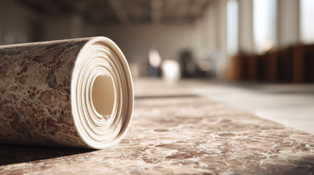 A detailed close-up shot of rolled marble pattern wallpaper resting on a floor, showcasing textures and elegance, ideal for home improvement or interior design insights.の素材
