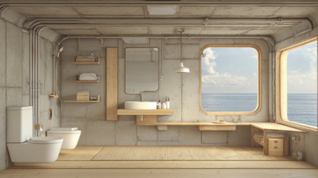 A modern bathroom showcasing concrete and wood elements, bathed in natural light from a large window with ocean views, designed for relaxation and tranquility.の素材