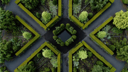 This aerial image showcases a meticulously planned garden layout, featuring symmetrical paths, vibrant greenery, and a serene water feature at the center, embodying tranquility.の素材
