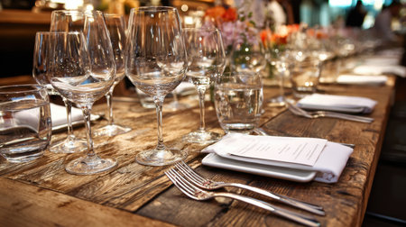 A beautifully arranged dining table featuring sparkling glassware, elegant utensils, and charming floral decorations, ideal for special occasions and memorable dining experiences.の素材