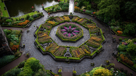 Stunning aerial view of an ornamental garden filled with vibrant flowers arranged in intricate patterns, surrounded by greenery and a serene pond for a perfect outdoor escape.の素材