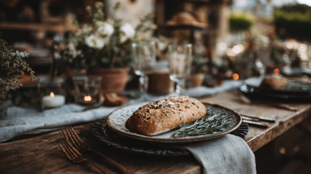 A rustic outdoor dining scene featuring a freshly baked loaf of bread on a decorative plate with elegant glassware and a charming floral arrangement.の素材