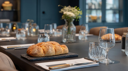 A beautifully arranged dining table showcasing freshly baked bread on a slate tray, complemented by elegant glassware and soft lighting, ideal for culinary events or fine dining.の素材