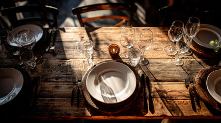 A beautifully arranged rustic dining table featuring plain plates and crystal glassware, illuminated by warm sunlight, creating an inviting atmosphere for memorable gatherings.の素材