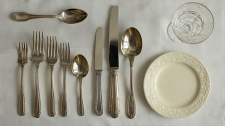 A sophisticated table setting featuring an array of silver cutlery, a pristine plate, and glassware on a crisp white tablecloth, perfect for a refined dining experience.の素材