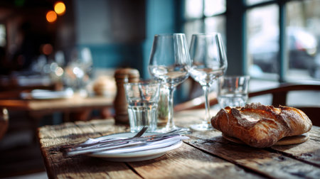 A beautifully arranged dining table featuring elegant glassware, cutlery, and a fresh loaf of bread, creating a warm and inviting atmosphere for culinary experiences.の素材