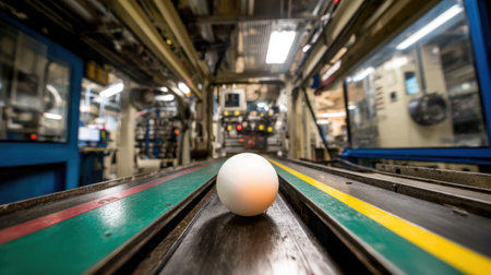 A stark image of a single white ball positioned on a factory conveyer belt, showcasing the intersection of technology and the manufacturing process in a vibrant industrial setting.の素材