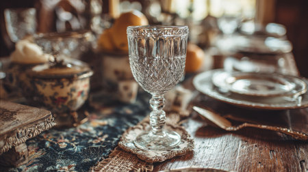 A beautifully arranged dining table featuring vintage glassware and ornate dishes that create an inviting atmosphere for any celebration or gathering.の素材