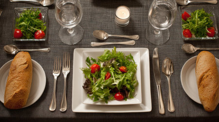 A beautifully arranged dining table showcases a fresh salad featuring greens and cherry tomatoes, flanked by artisan bread and elegant glassware, ideal for intimate gatherings.の素材