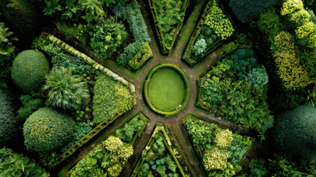 Stunning aerial view of an intricately designed garden featuring diverse plant life, rich greenery, and a peaceful atmosphere perfect for relaxation and inspiration.の素材