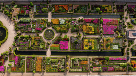 Stunning aerial view of a colorful floral garden showcasing vibrant seasonal flowers, intricately designed pathways, and lush greenery, perfect for nature lovers and garden enthusiasts.の素材