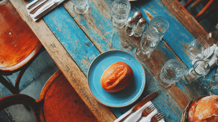 A warm and inviting restaurant table showcases a rustic wood surface, featuring a freshly baked bread roll and sparkling glassware, perfect for a cozy dining experience.の素材
