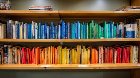 A stunning array of books arranged by color creates an inviting atmosphere in a library, perfect for inspiring readers and promoting a love of literature and learning.の素材