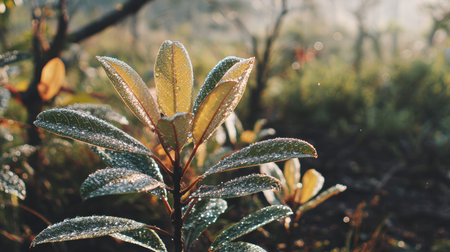 A close-up shot capturing dew-covered leaves glistening in soft morning light, portraying the tranquil beauty of nature in a lush green environment.の素材