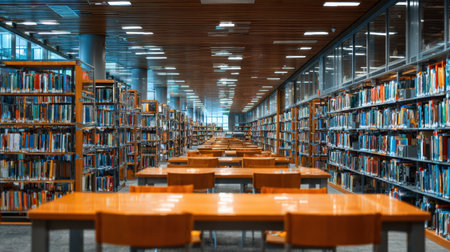 A spacious library interior featuring wooden tables and vast bookshelves filled with colorful books, illuminated by natural light, creating an ideal study atmosphere.の素材