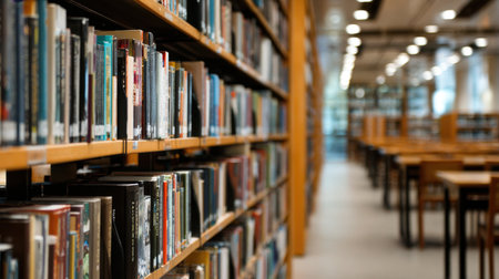 A serene view of a modern library featuring well-organized bookshelves, inviting study areas, and a bright ambiance, encouraging exploration and learning.の素材