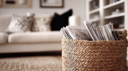 A cozy living room featuring a woven basket filled with magazines, set against a backdrop of soft neutral tones and inviting textures, creating a warm and welcoming atmosphere.の素材