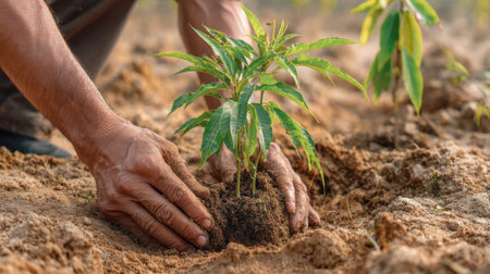 A close-up view of hands gently planting a young seedling in rich soil, highlighting the importance of nurturing plants for environmental sustainability and hope for the future.の素材