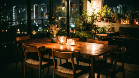 A beautifully arranged dining area featuring a wooden table illuminated by candles, surrounded by lush plants, offering a cozy atmosphere with a stunning city backdrop.の素材