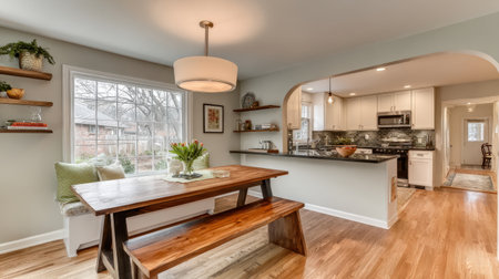 A beautiful dining area showcases a wooden table beneath warm lighting. The open kitchen design complements the cozy atmosphere, featuring decorative shelves and greenery.の素材