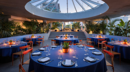 This stunning rooftop dining area features beautifully arranged tables with blue tablecloths and candles, surrounded by vibrant plants, perfect for memorable gatherings.の素材