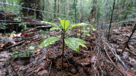 A young sapling thrives in a forest enclosure, highlighting conservation efforts aimed at protecting native plant species and revitalizing natural habitats.の素材