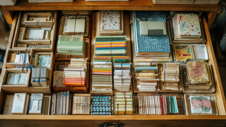 A beautifully organized drawer filled with a variety of stationery items perfect for creative projects, showcasing vibrant colors and unique designs to inspire organization and creativity.の素材