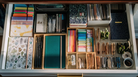 A well-organized drawer filled with vibrant stationery items and office supplies, promoting an inspiring and efficient workspace perfect for creativity and productivity.の素材