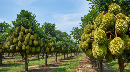 A vibrant durian orchard ripe with fruits under a clear blue sky, showcasing flourishing trees and lush green foliage, perfect for agricultural and nature-themed visuals.の素材