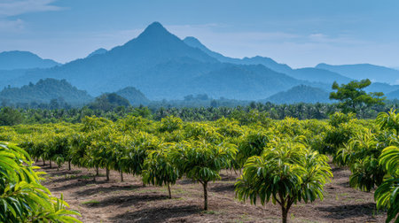 A breathtaking view of a vibrant mango orchard showcasing green trees against a backdrop of majestic mountains and a clear blue sky. Ideal for nature enthusiasts.の素材