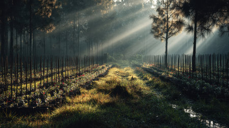 Captivating scene of morning light streaming through tall trees in a nursery, highlighting lush plants and creating a peaceful atmosphere, perfect for nature lovers.の素材
