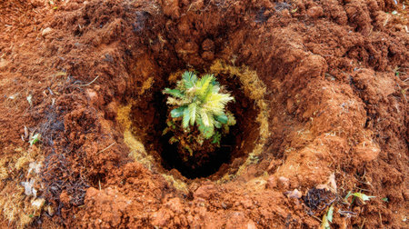 A young tree seedling emerges from a freshly dug hole in rich brown soil, symbolizing the efforts in nurturing and preserving nature while promoting a sustainable environment.の素材