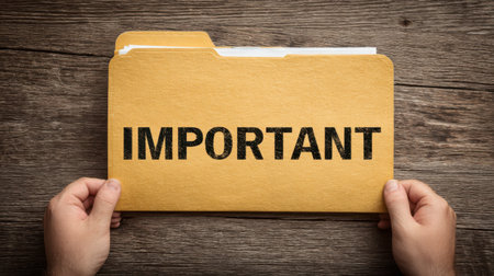 This image features hands gripping a yellow file folder labeled "Important," set against a rustic wooden desk, symbolizing document management and organizational focus.の素材