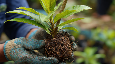 A dedicated gardener gently holds a young plant with visible roots in earthy soil, emphasizing the nurturing process of plant growth in a vibrant green setting.の素材