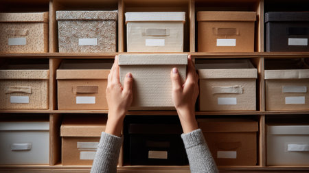 A focused scene of a person placing a storage box on a well-organized shelf filled with various decorative containers, showcasing an aesthetic approach to home organization and tidy living.の素材