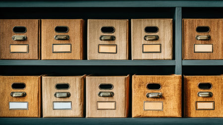 A collection of wooden storage boxes displayed on a shelf, designed for organization and style in any living or working space, showcasing natural materials and textures.の素材