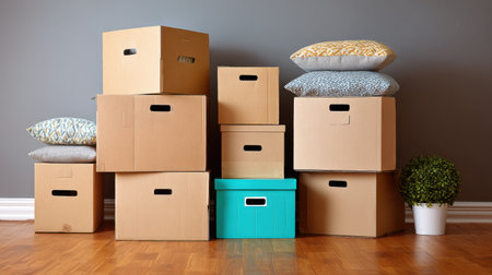 A visually appealing composition featuring stacked cardboard boxes and decorative pillows, complemented by a green potted plant, perfect for themes of moving and home organization.の素材