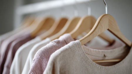 A stylish arrangement of soft-textured clothing pieces elegantly hanging on wooden hangers, showcasing a modern and minimalistic design ideal for lifestyle and fashion inspiration.の素材