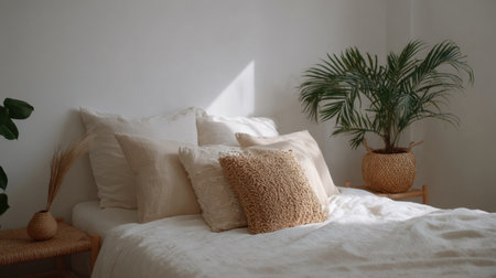 A serene bedroom showcasing soft textiles, neutral colors, and a vibrant indoor plant, inviting comfort and tranquility for restful moments and peaceful living.の素材