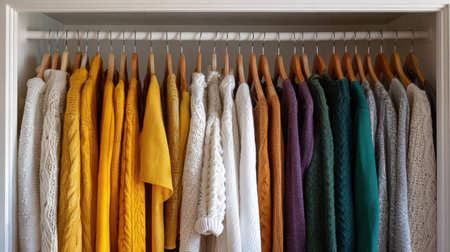 This image features an organized closet with a colorful display of cozy sweaters on hangers, highlighting various textures and hues that inspire stylish outfit choices.の素材