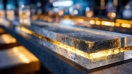 A captivating close-up of a transparent ice block with an enchanting glow, positioned in a modern bar environment, creating a serene and inviting atmosphere.の素材