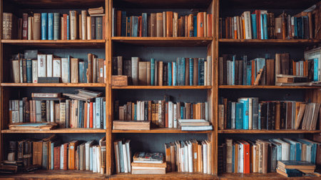 A charming wooden bookshelf brimming with vintage books invites readers to explore various genres and topics, creating a perfect reading atmosphere for book enthusiasts.の素材