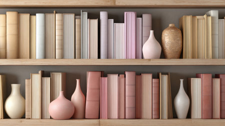 A beautifully organized shelf showcases a variety of colorful books paired with elegant vases, creating a stylish and modern home decor feature. Perfect for inspiration in interior design.の素材