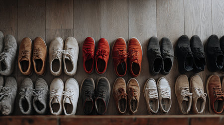 A visually appealing array of sneakers arranged neatly on a wooden floor, highlighting their various colors and styles, perfect for showcasing casual footwear choices.の素材