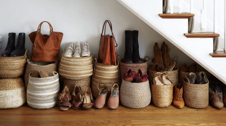 This image showcases a stylish and organized space under a staircase with various footwear and bags stored in woven baskets, illustrating practical home decor and minimalist design.の素材