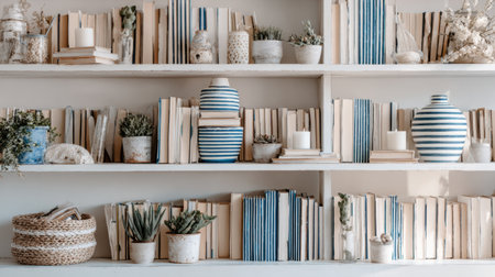 Beautifully styled shelves filled with books, decorative vases, and plants create a serene and inviting atmosphere perfect for any living space.の素材