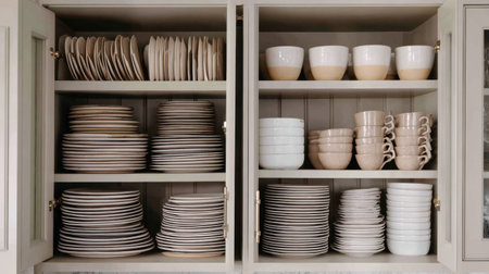 A beautifully organized kitchen cabinet showcases an array of elegant dinnerware. Plates, bowls, and cups in soft neutral tones create a stylish ambiance in any home setting.の素材