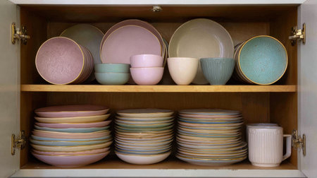 A beautifully organized cabinet displays a variety of colorful ceramic plates, bowls, and cups, highlighting modern kitchen decor with pastel hues and elegant designs.の素材