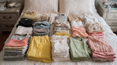 A beautifully organized display of folded clothing on a bed showcases a range of soft colors and styles, promoting a minimalist lifestyle and encouraging daily outfit selection.の素材